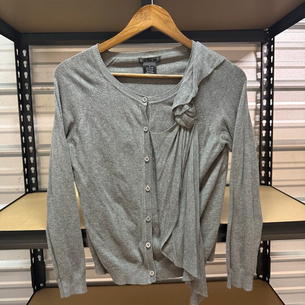Elio Grey Ruffle Rosette Button Front Knit Cardigan Size S Women's